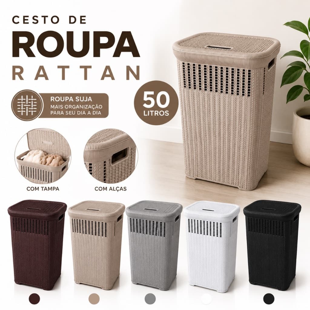 Cesto de Roupas Rattan 50L com Tampa e Alça Organizador Quarto Banheiro Lavanderia - Varias Cores