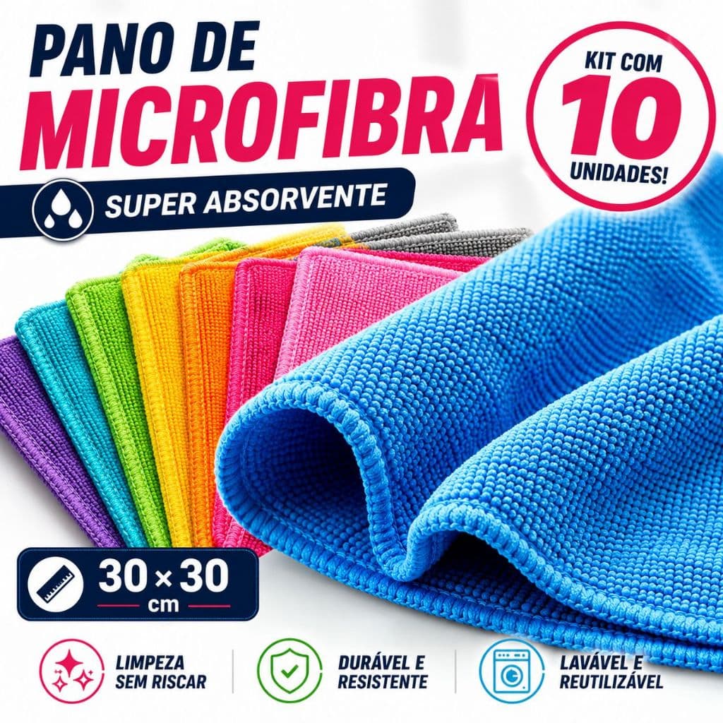 Kit 10 Panos de Microfibra 30x30 Multiuso Alta Absorção Limpeza Casa Carro