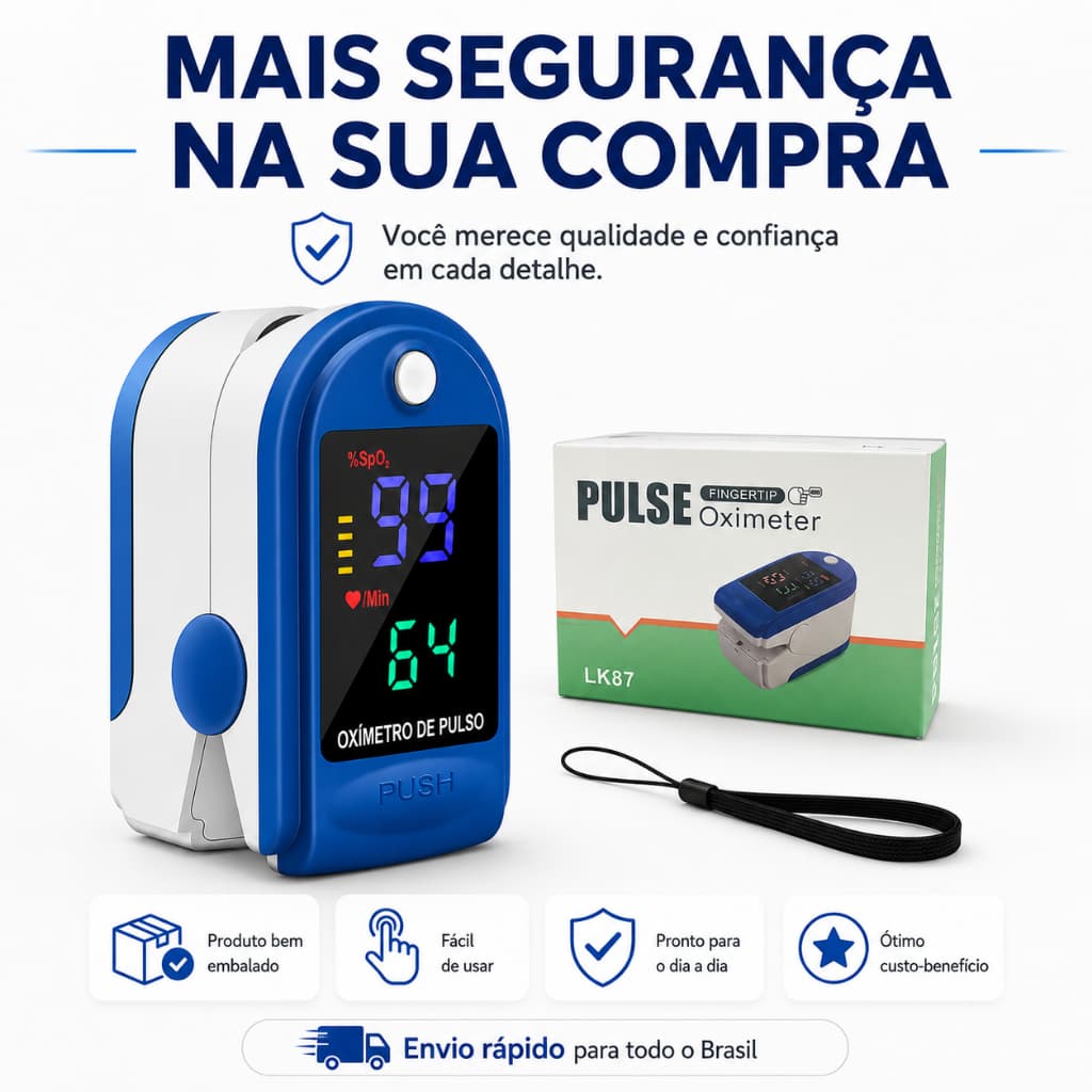 Oxímetro de Dedo Digital Portátil Medidor de Oxigênio SpO2 Batimento e Frequência Cardíaca com Monitor Tela LED Colorida