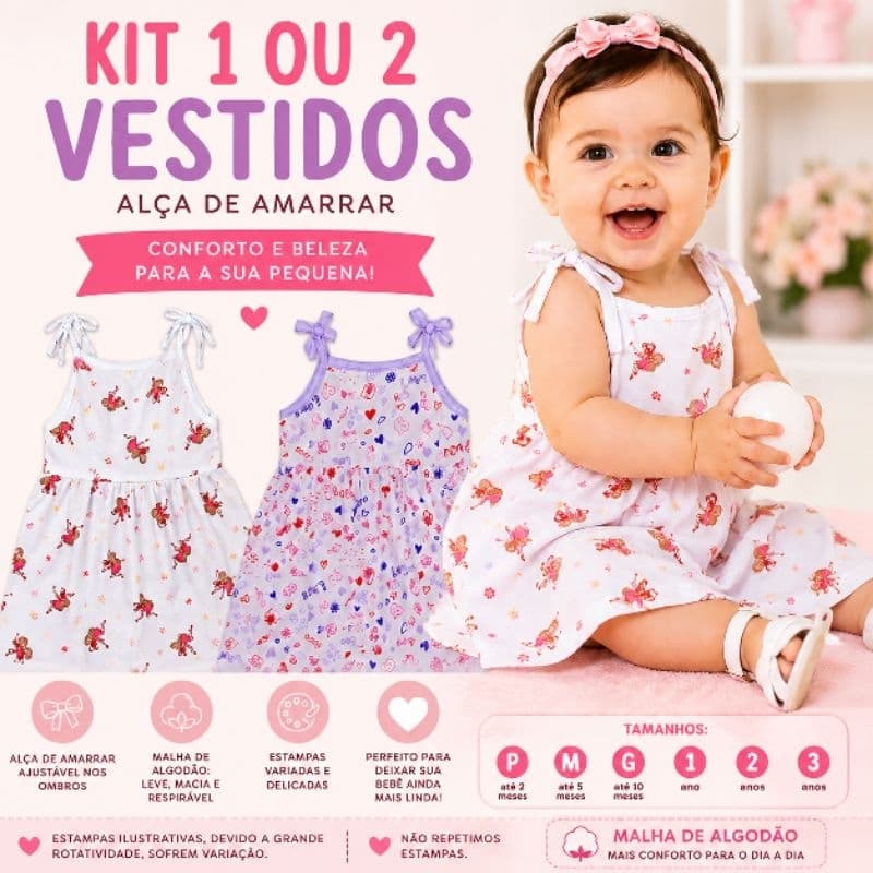 Vestido Bebê Menina Infantil Estampado Roupa Infantil 100% Algodão P M G 1 2 3 Anos