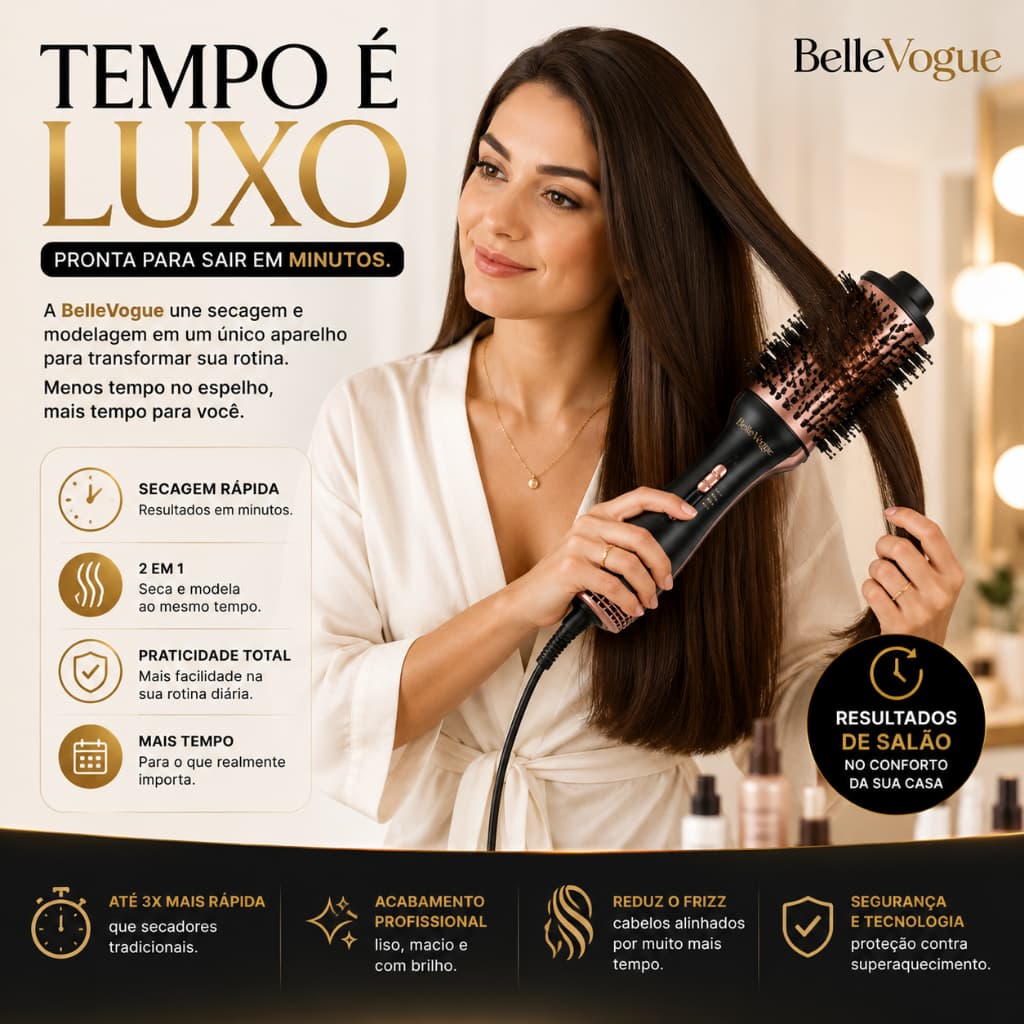 Escova Secadora Profissional 2 em 1 Seca Alisa Modela Cabelo Anti Frizz Bivolt BelleVogue