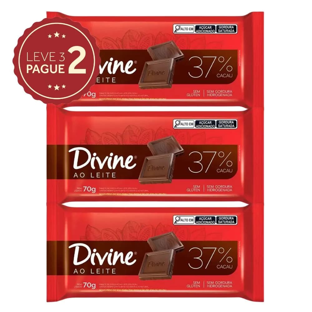 Barra de Chocolate Divine 70g Leve 3 Pague 2 KIT PRONTO