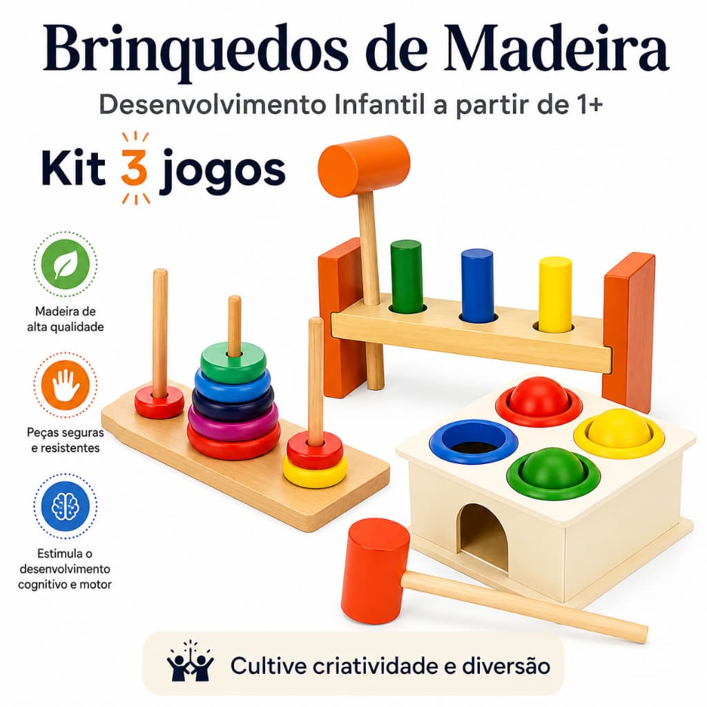 Kit 3 Brinquedo Bancadinha Com Martelo E Pinos +Torre De Hanói+ Caixa Bate Pinos-Brinquedo Educativo E Pedagógico