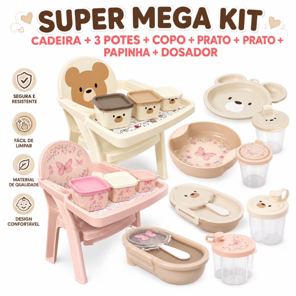 Kit Alimentação Bebê Completo Cadeira + Potes Prato Urso Copo Dosador Papinha Rosa Bege Azul