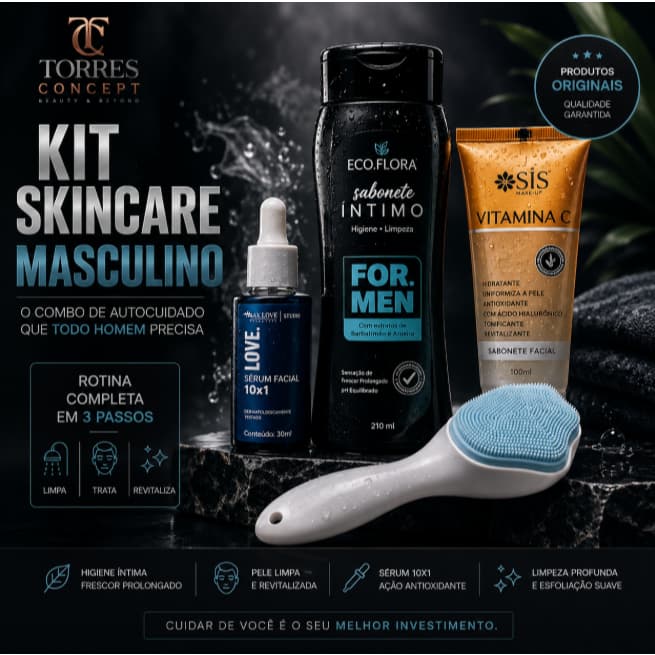 Kit Skincare Masculino Cuidados Homem Sabonete Intimo Vitamina C Serum Max Love Escova Facial