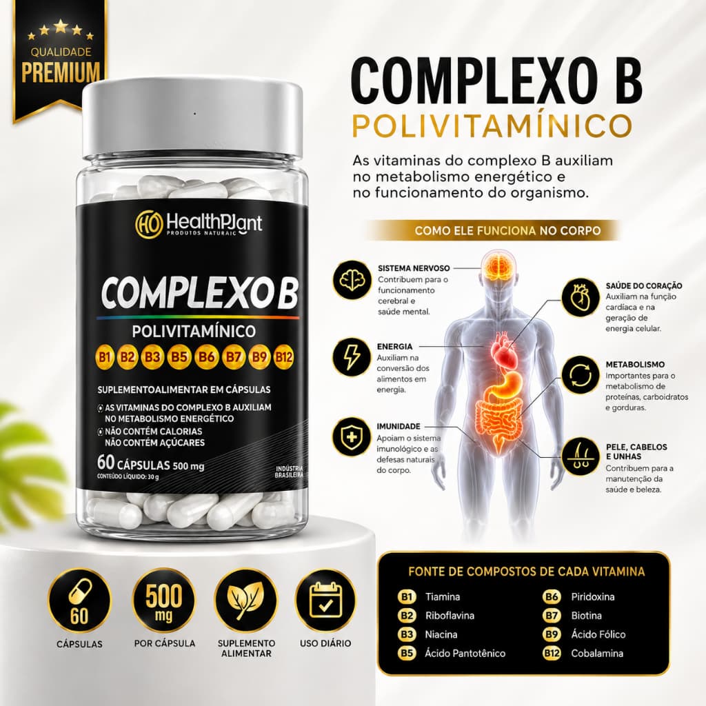 Complexo de Vitaminas B1, B2, B3, B6, B7, B9, B12 e Vitamina E – Energia e Vitalidade Natural