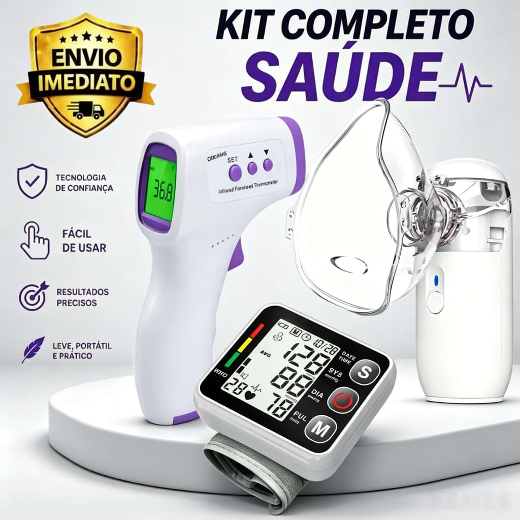 Medidor de Pressão Digital + Nebulizador + Termômetro Infravermelho Sem Contato REAL