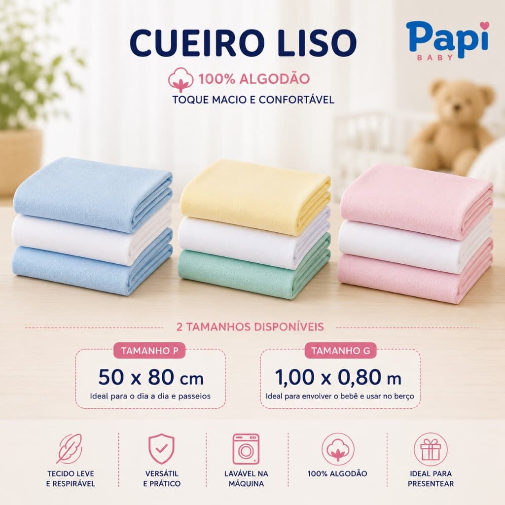 Kit de Cueiros Flanelado para Bebê 100% Algodão 50 x 80 cm com 3 Unidades Enxoval