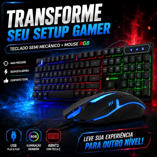 Kit Teclado e Mouse Gamer RGB Semi Mecânico ABNT2 USB LED Preto Kapbom 1600 DPI
