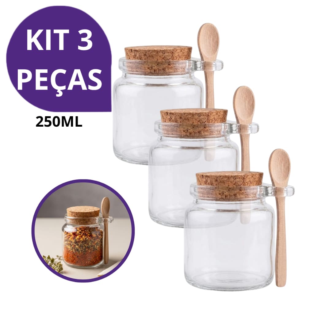 Kit 3 Pote de Vidro 250ml Tampa Cortiça e Colher de Madeira para Temperos, Condimentos, Mel, Geleia, Café e Açúcar
