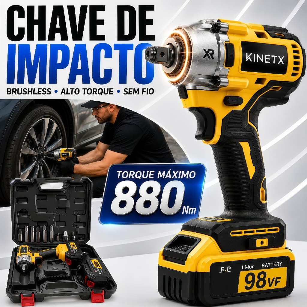 Chave de Impacto Profissional Brushless 880Nm 98Vf Sem Fio com 2 Baterias 6 Soquetes Maleta e Acessórios Completos