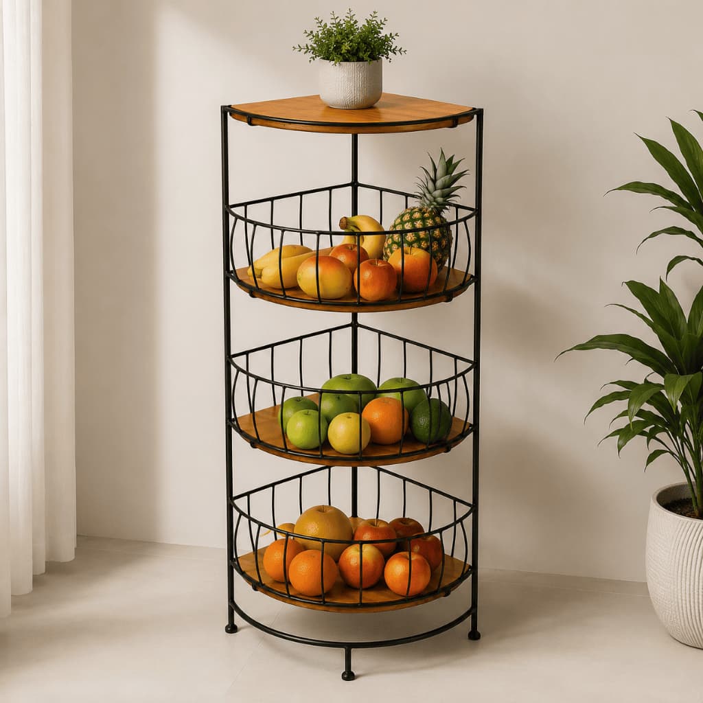 Fruteira de Canto Chão 3 Andares Ferro e Madeira Rústica Organizador de Frutas Cozinha Artesanal Multiuso