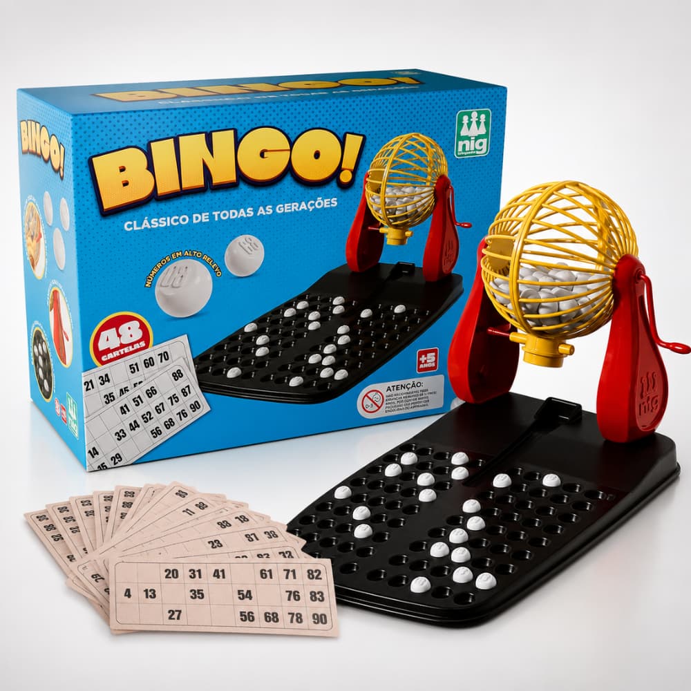 Jogo Bingo Nig Brinquedos 48 Cartelas Globo Giratório Bolinhas em Alto Relevo Diversão para Toda Família +5 Anos