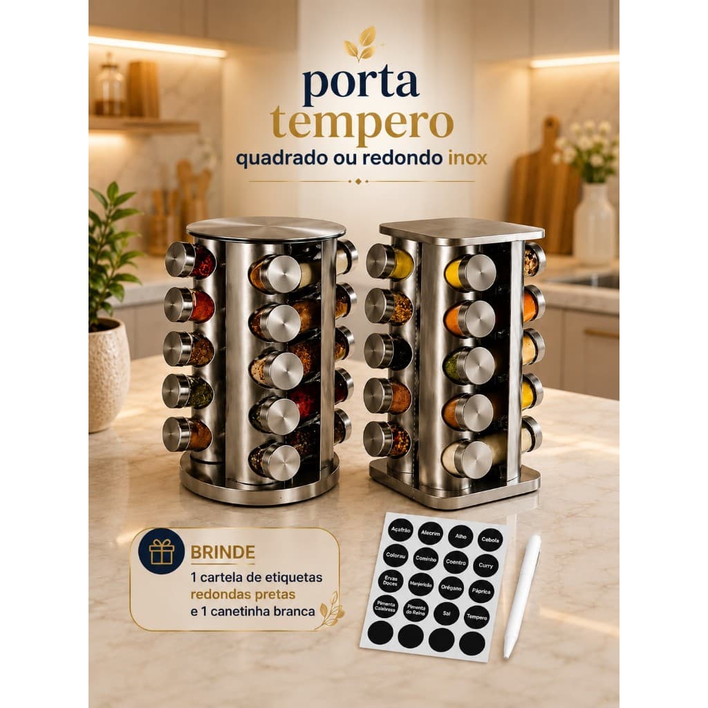 Porta Tempero 20 Potes Condimento Inox Suporte Giratório Cozinha Decoração Etiqueta e Caneta Bancada Organizador 360º