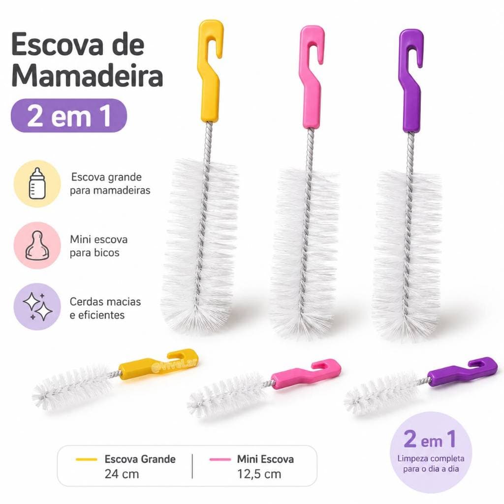 Kit Com 2 Escovas Limpa Mamadeira E Bico - Limpeza Completa Bebê BPA Free Alcança Todos Os Cantos