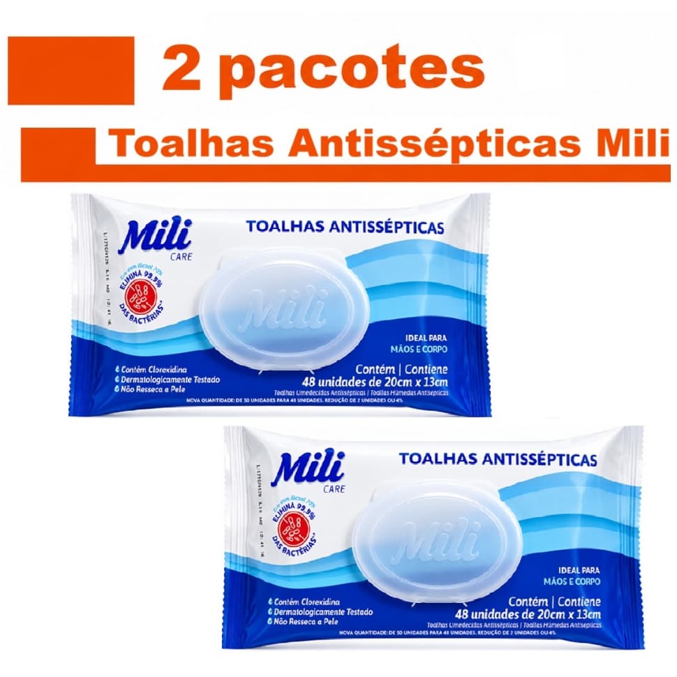 Kit Lenços Umedecidos Toalhas Antissépticas Umedecidas  Mili 2 pacotes total 96 Unidades