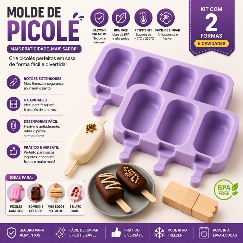 Forma de Sorvete Molde de Picolé de Silicone Com Tampa + 50 Palitos