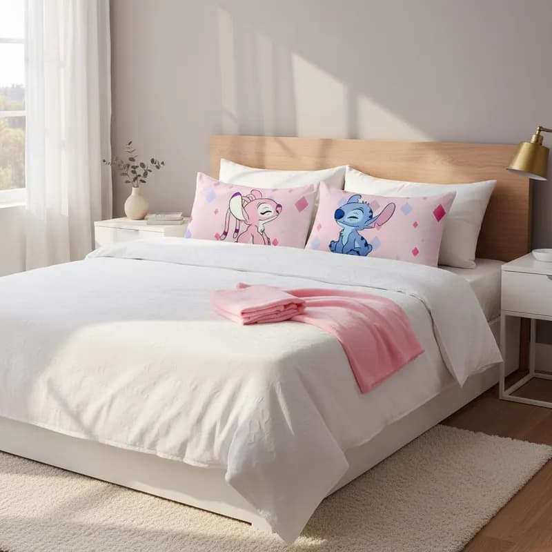 Jogo de Lençol Casal Padrão com elástico 3 Peças Stitch Rosa