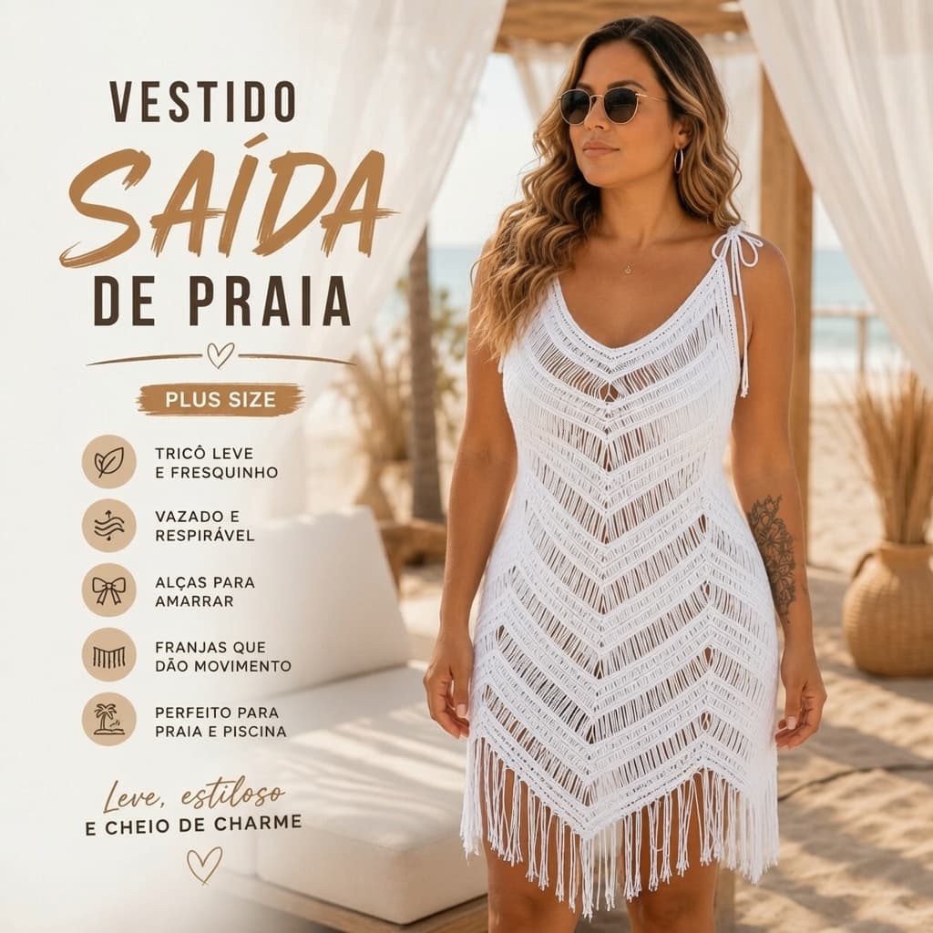 Vestido Tricot Saída Praia Croche Franja Bordado Elegante Feminino Piscina Resort 36 ao 44 Verao