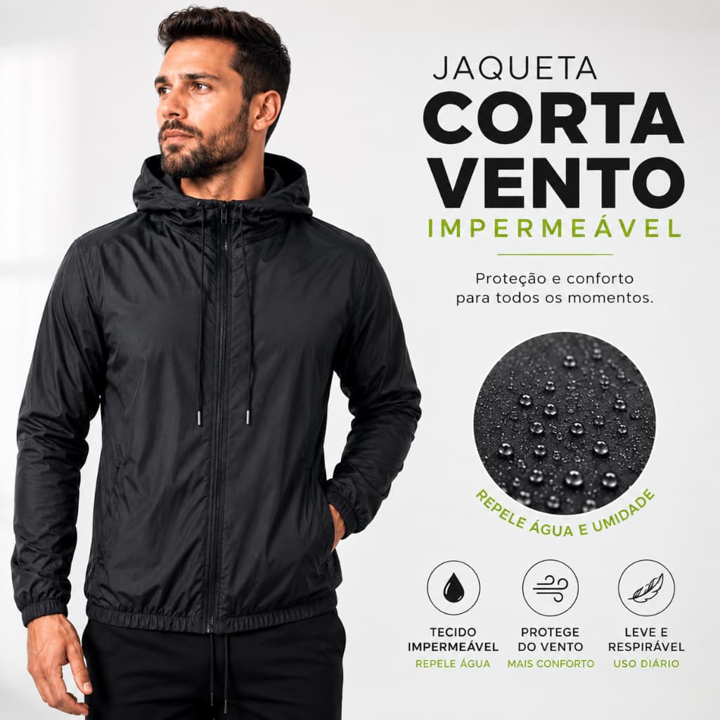 Jaqueta Corta Vento Masculina Impermeável Com Capuz Zíper Reforçado Leve Esportiva Casual Premium