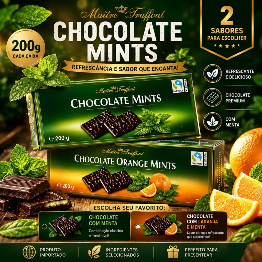 Chocolate Mints Maître Truffout 200g Chocolate com Menta ou Laranja e Menta Importado