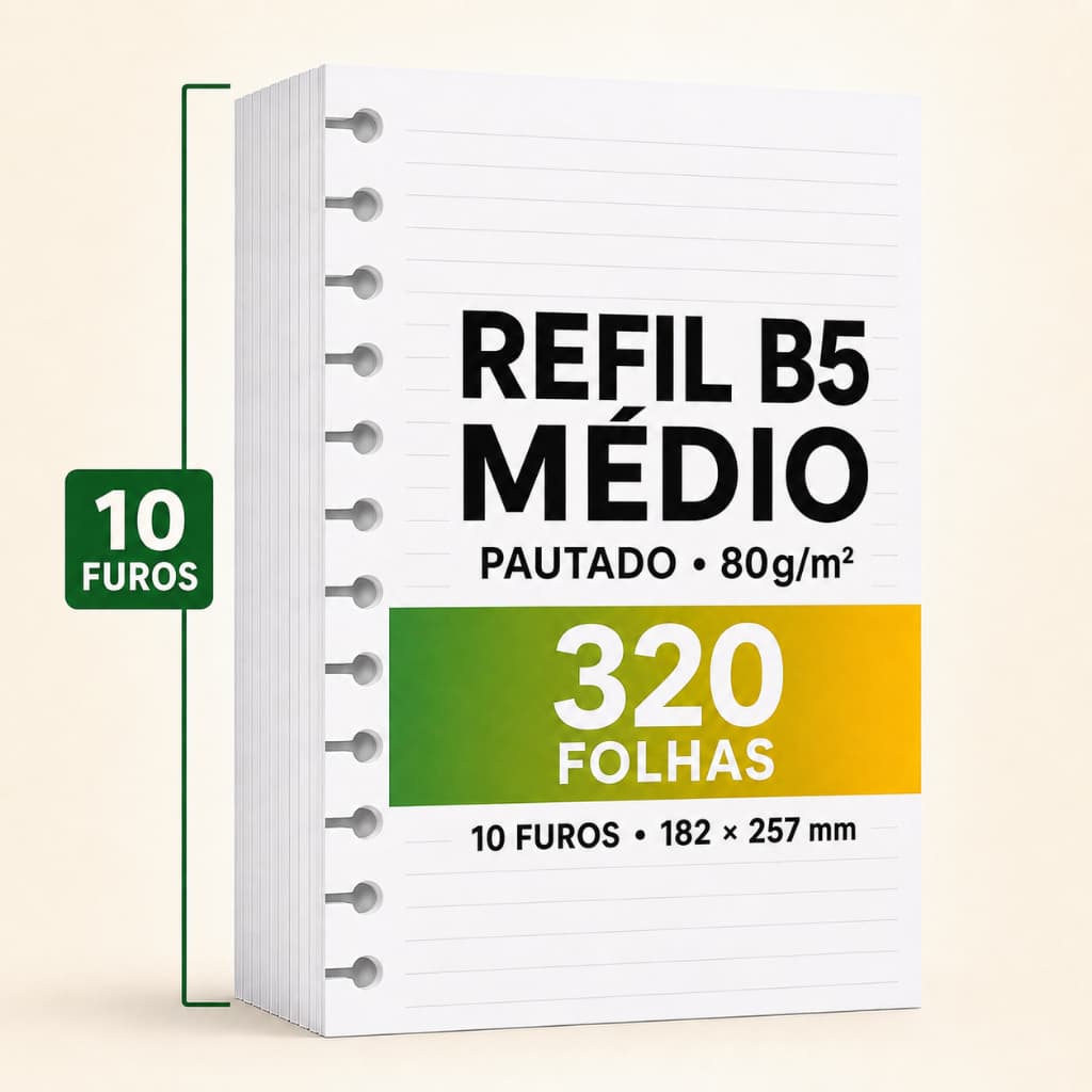 REFIL FOLHA CADERNO INTELIGENTE B5 MEDIA 10 FUROS 80 160 240 320 FOLHAS 182 × 257 mm  10 DISCOS PAUTADO