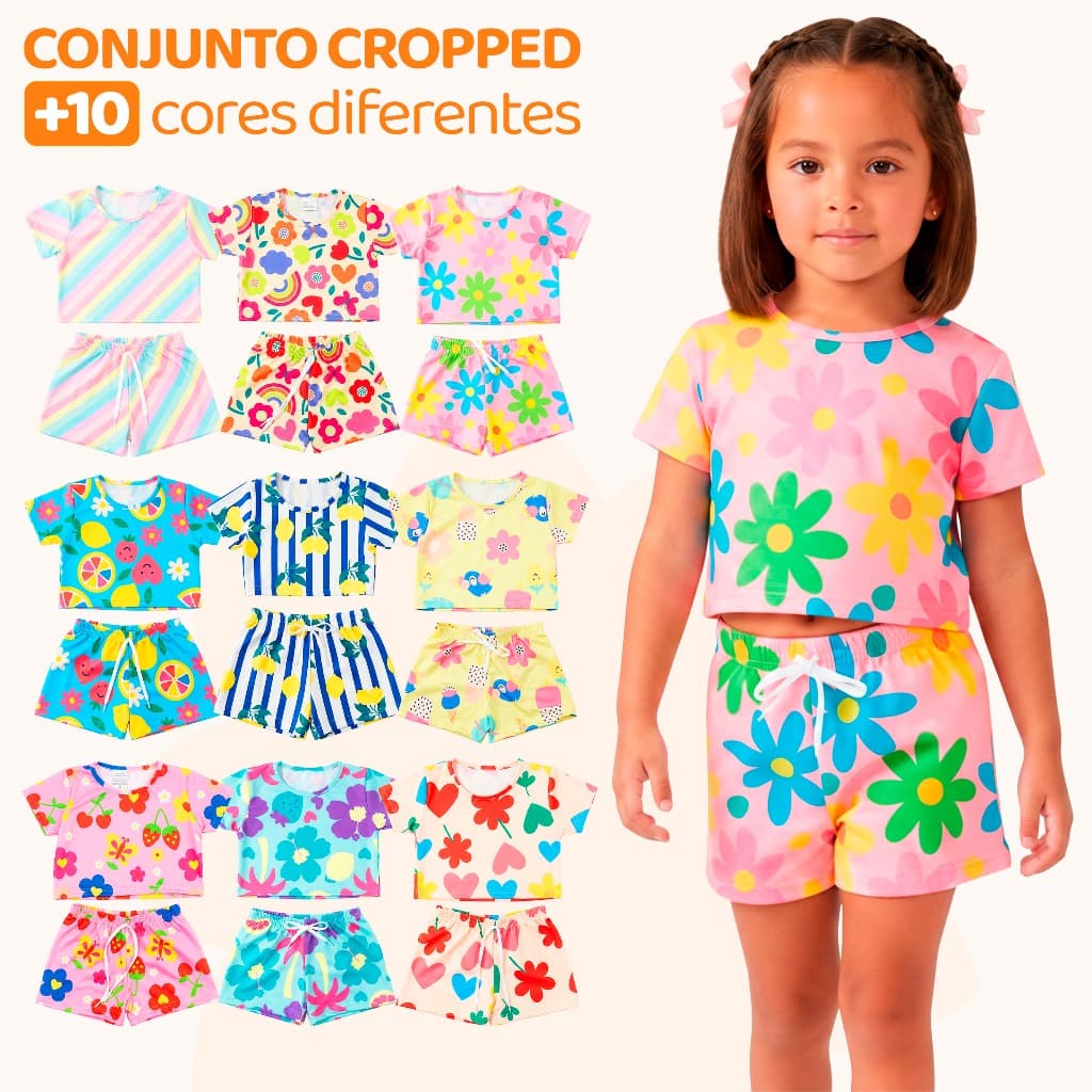 Kit 4 Peças de Conjunto Cropped Bebê Menina Moda Praia Verão Roupa para Bebê Feminina de Calor