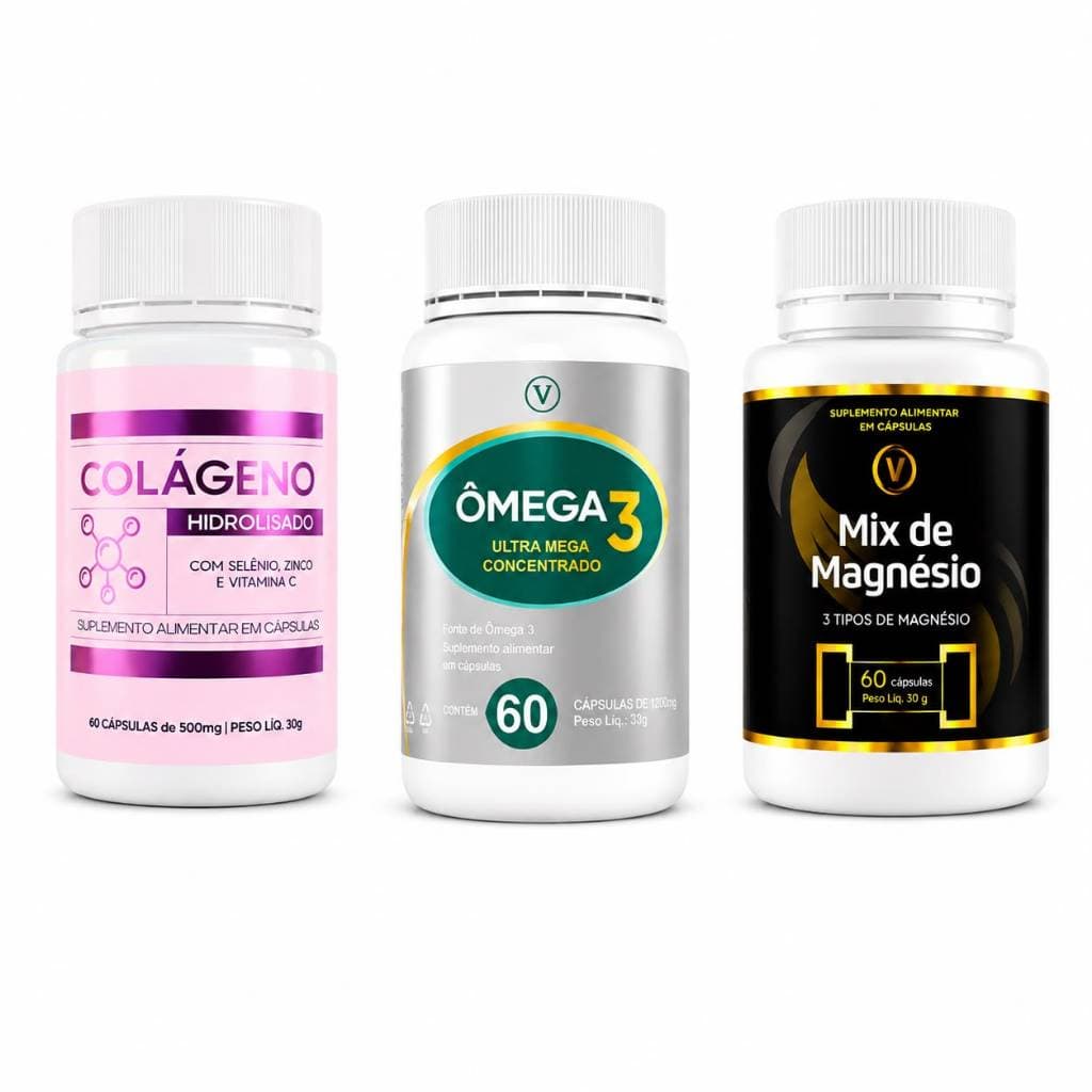 Kit 3 Suplementos Vitaminas Essenciais Ômega 3 Mix de Magnésio com Treonato e Colágeno