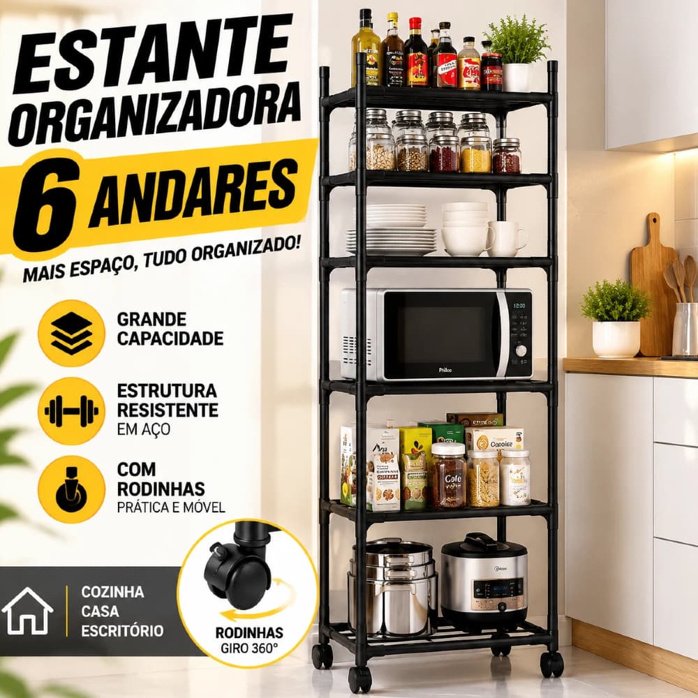 Estante Organizadora de Cozinha 5/6 Andares em Aço com Rodinhas Prateleira Multiuso para Casa