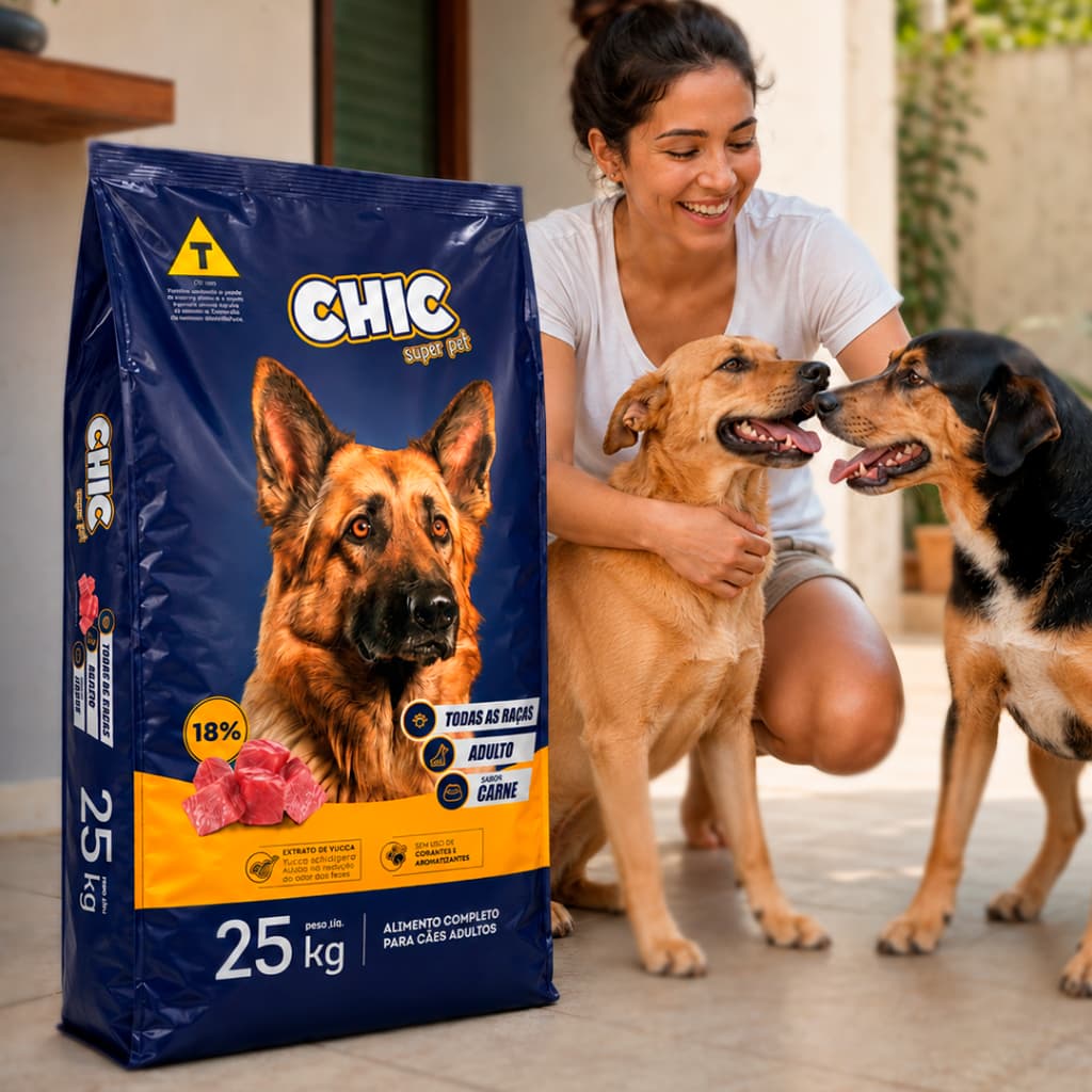 Ração Para Cachorro Chic Super Pet Adulto Todas as Raças 25KG Sabor Carne 18% Proteína