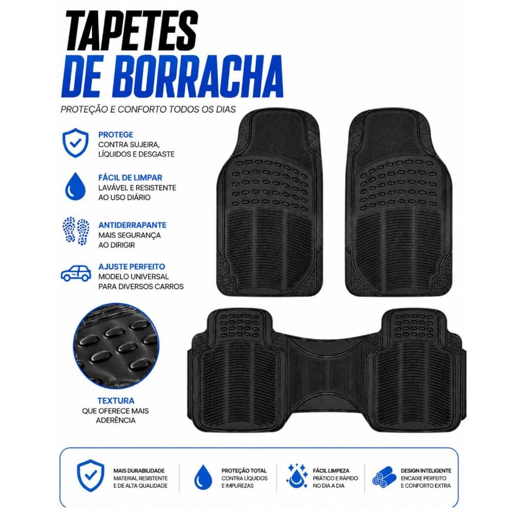 Jogo De Tapete Carro Automotivo Universal 3 Peças Preto PVC Grosso Antiderrapante