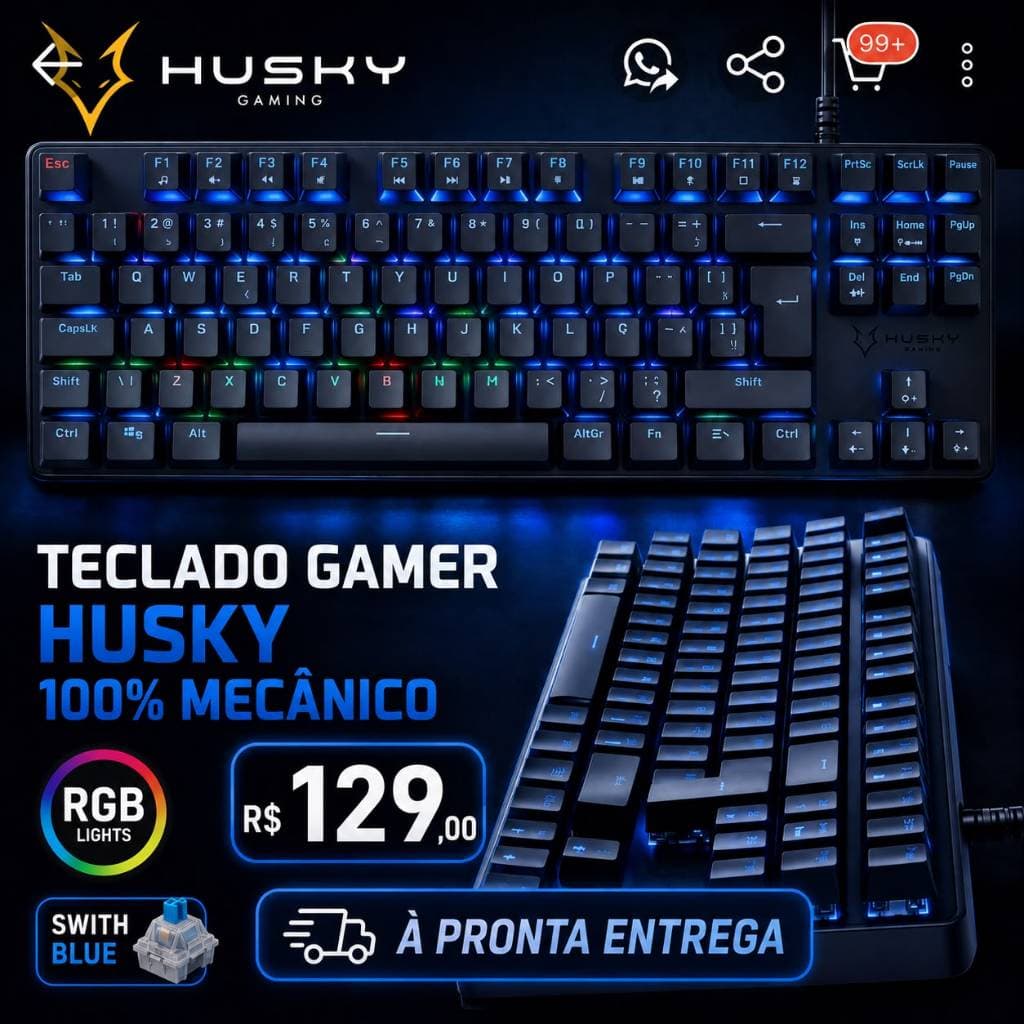 Teclado Husky Gaming 100% Mecânico, iluminação RGB - O MELHOR Switch BLUE