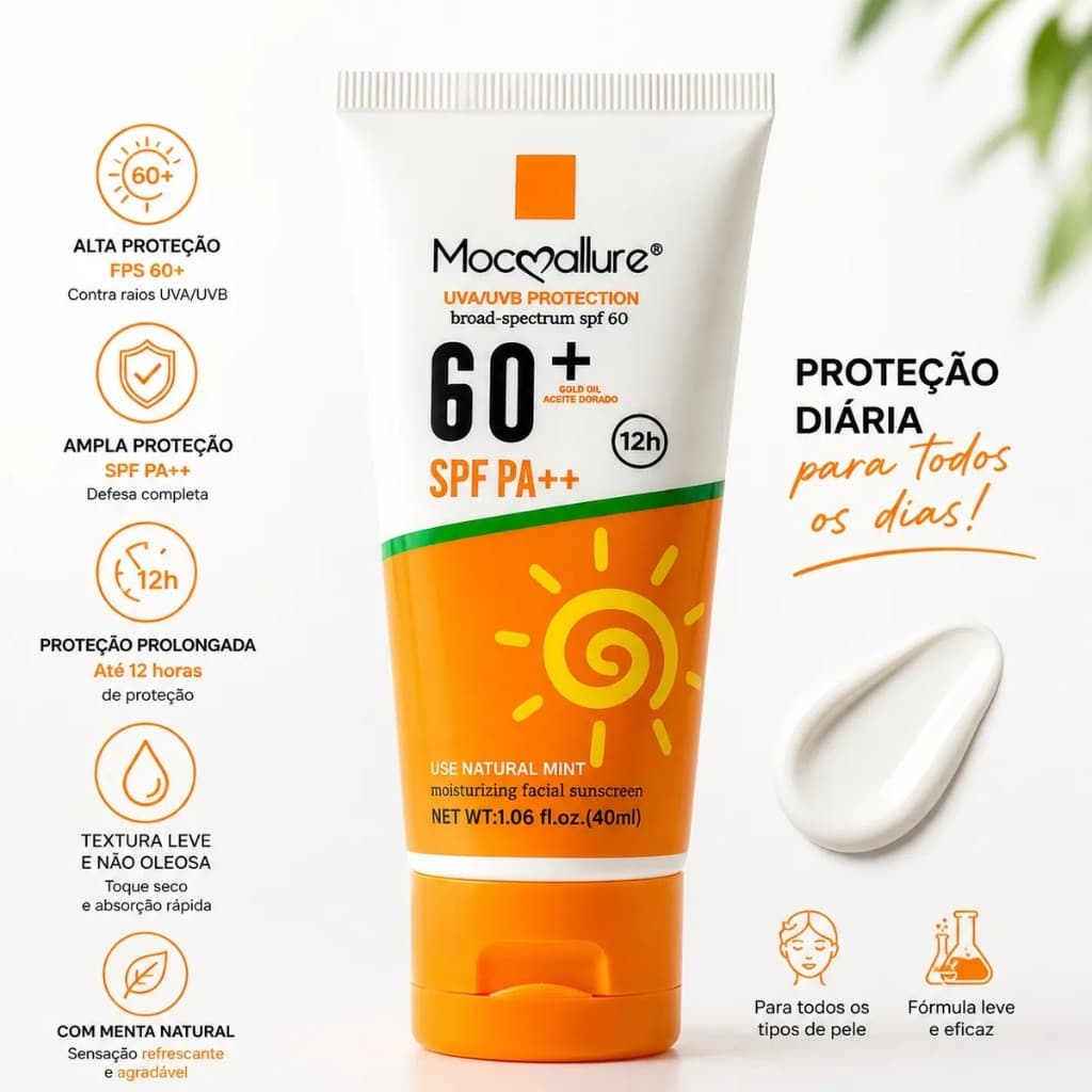 Protetor Solar Facial FPS 60+ PA++ Alta Proteção UVA UVB Uso Diário Hidratante 40ml