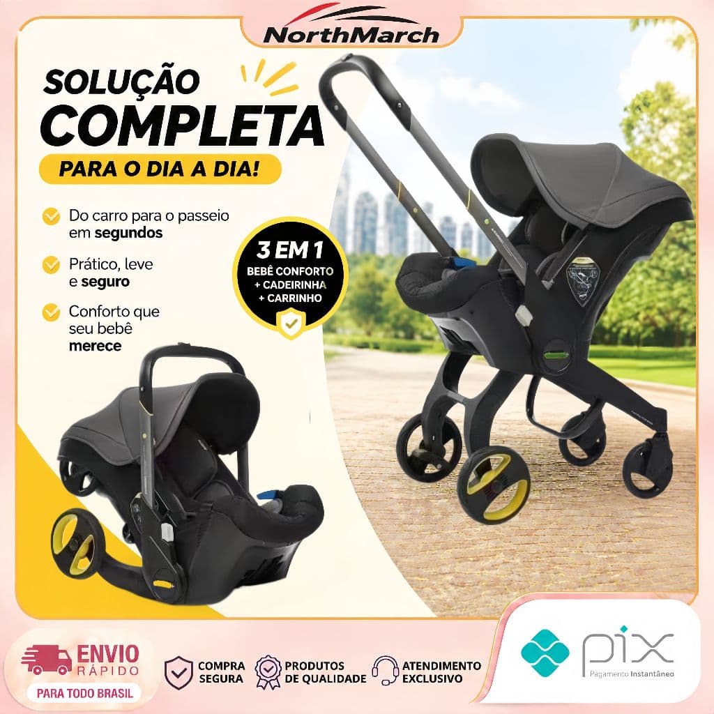 Carrinho de Bebê 4 em 1 com Sistema de Viagem, Bebê Conforto, Base Segura e Confortável, Alça Reversível e Assento