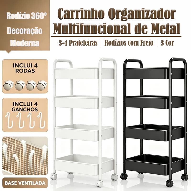 Carrinho Organizador Metálico Multiuso 3/4 Níveis Com Rodas Giratórias Para Cozinha Banheiro Escritório