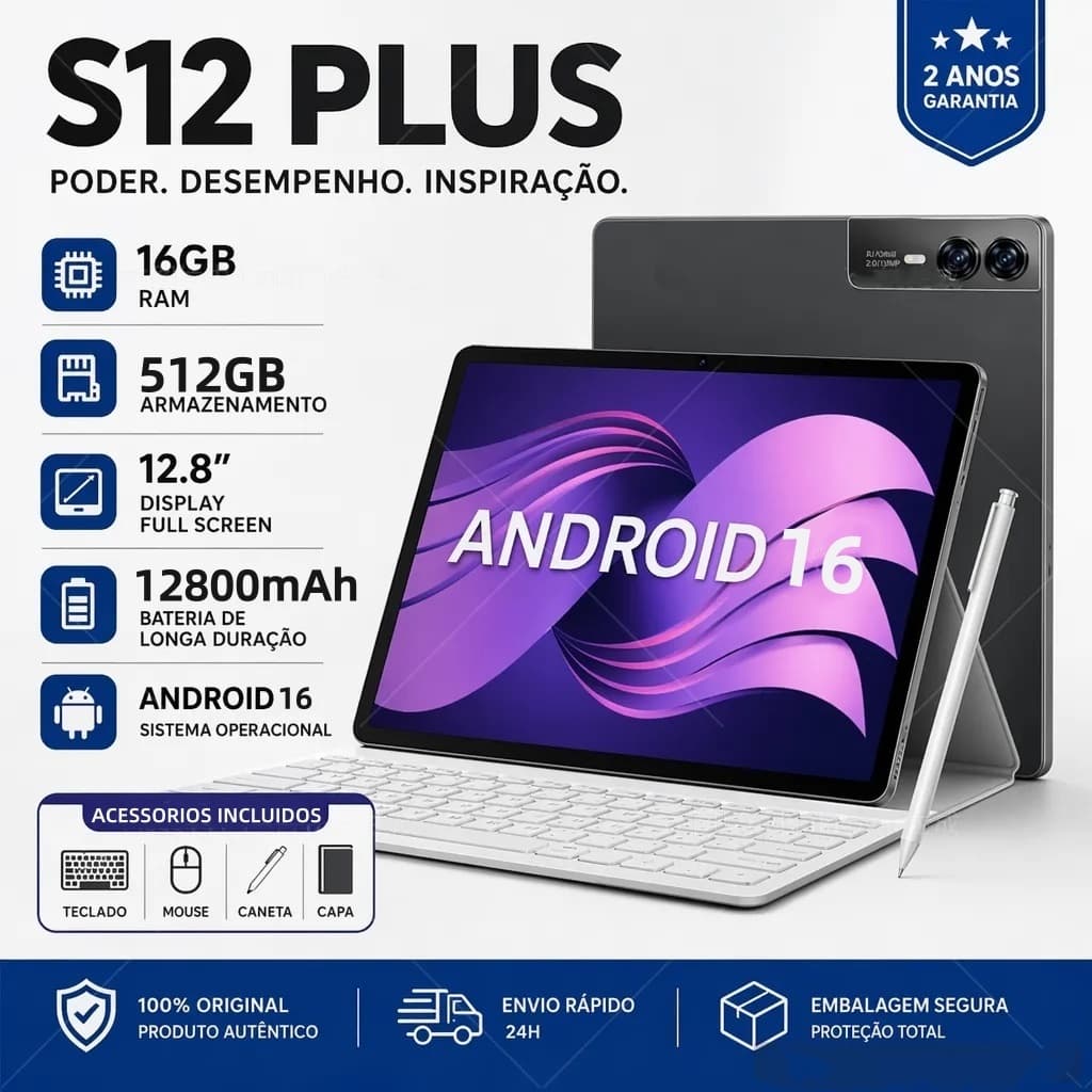 TABLET PC S12 PLUS 16GB RAM + 512GB Android 16 Tela 12.8" HD Câmera 58MP Bateria 12800mAh com Teclado Mouse Caneta Capa