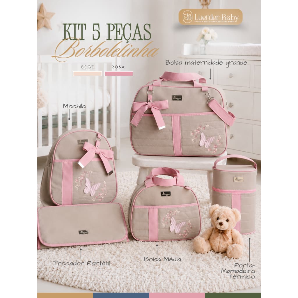 Kit Bolsa Maternidade 5 Peças Luxo Bebê Menina Borboleta Mala Enxoval Completa Luender Baby