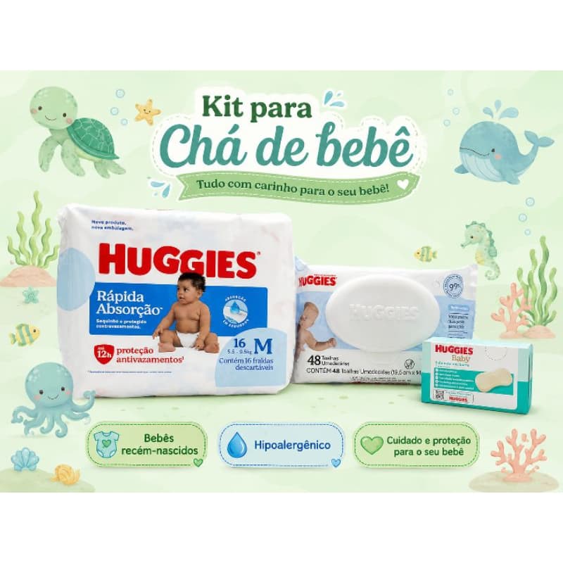 Kit HUGGIES BABY chá de bebê recém-nascidos hipoalergênico fralda M com 16 unid. + lenço umedecido+ sabonete