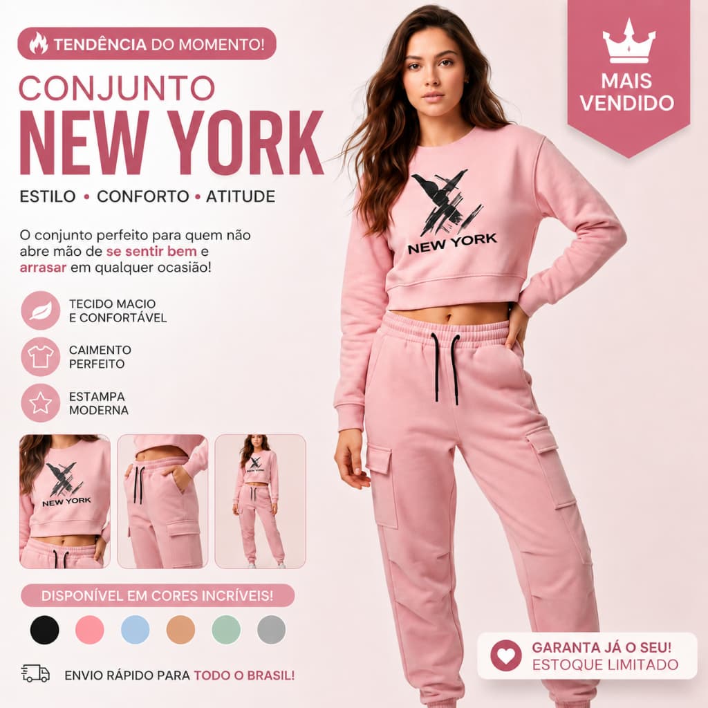 Conjunto Moletom Feminino Cropped Calça Jogger Cargo New York Inverno M G GG