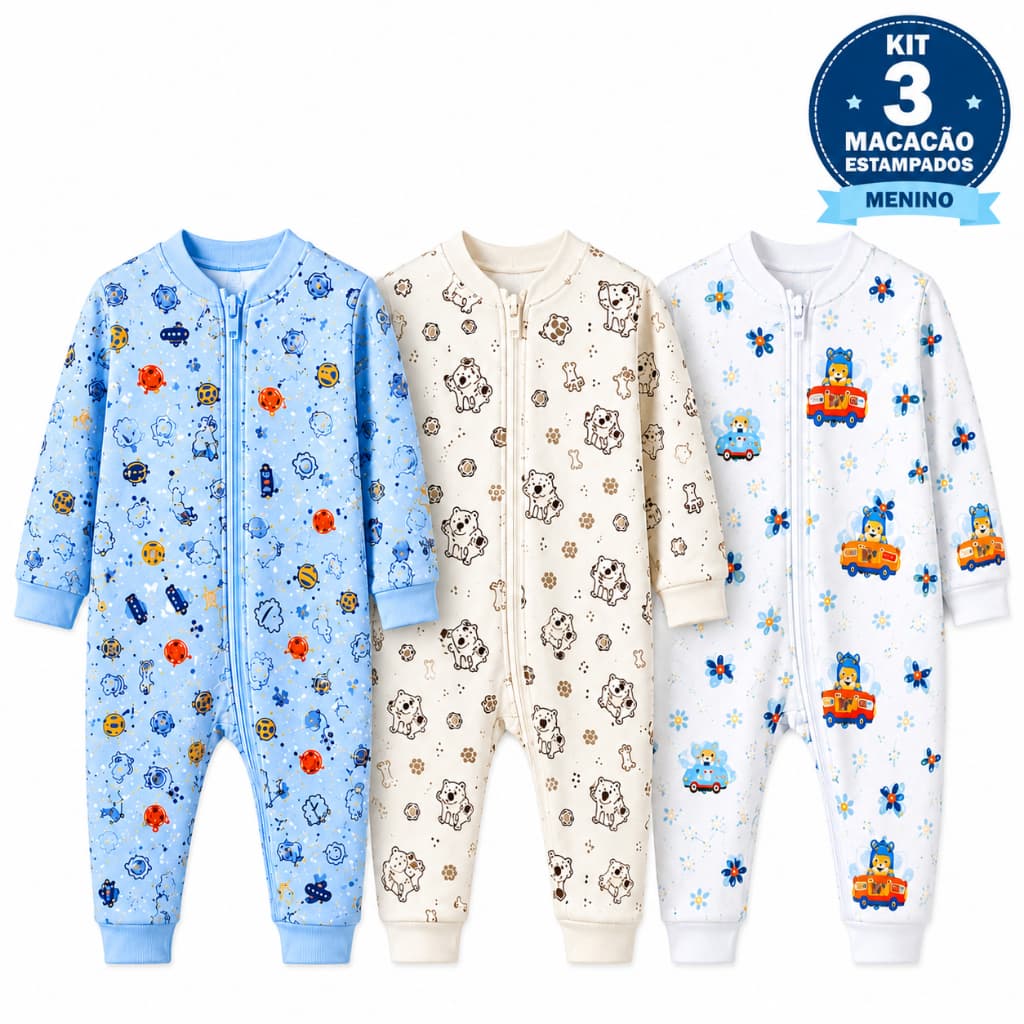 Kit 3 Macacões de Bebê Menino Estampas Variadas Malha 100% Algodão Kit Enxoval Ziper Lateral