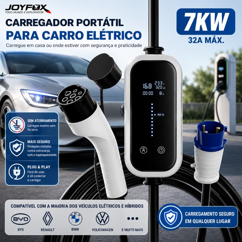 Carregador Portátil para Carro Elétrico 7KW  32A 110v/220v com Display Digital | Compatível com BYD e Outros EV