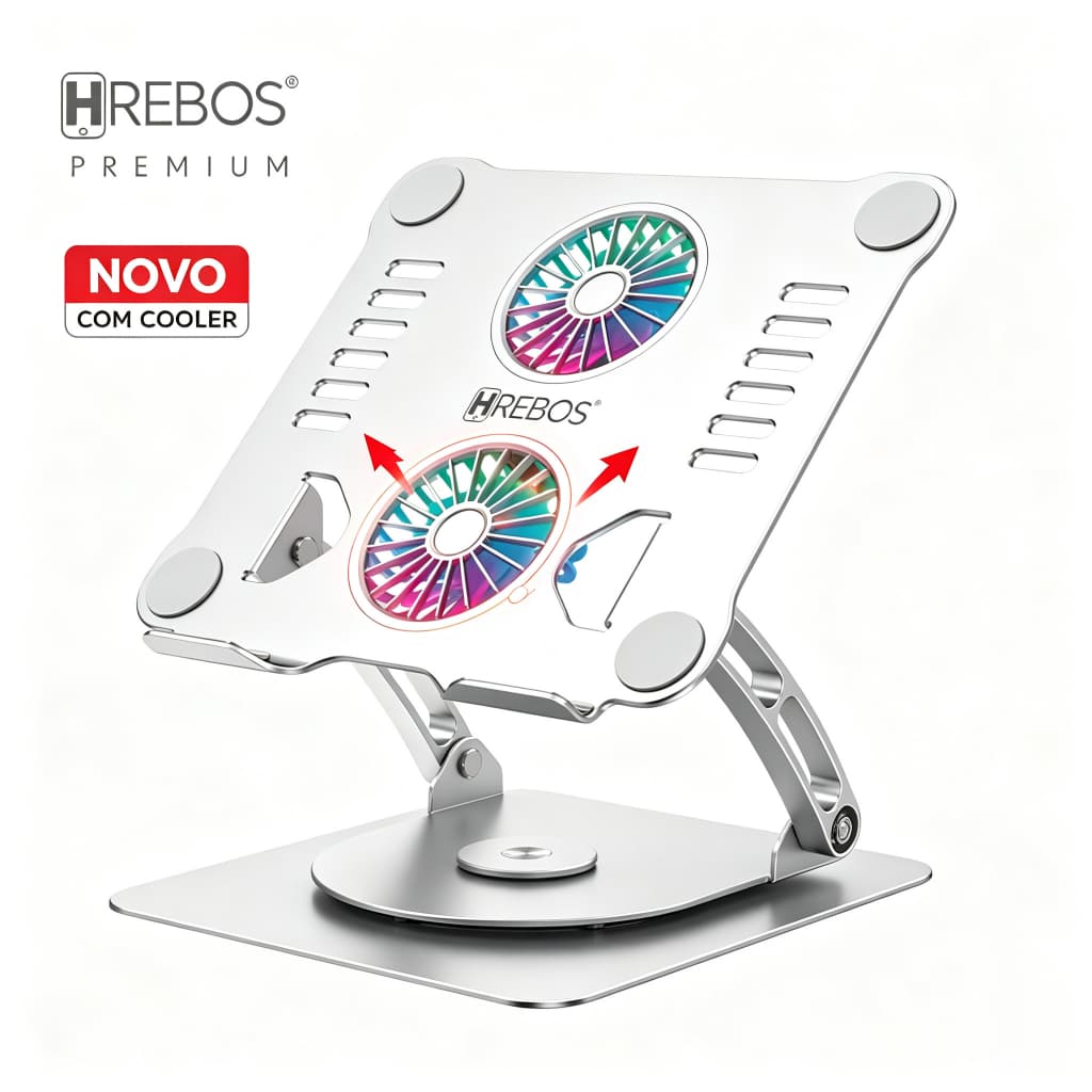 Suporte Elevado para Notebook Hrebos com Base Cooler Alumínio RGB  Ajustável 360° para Gamer e Escritório Ergonômico