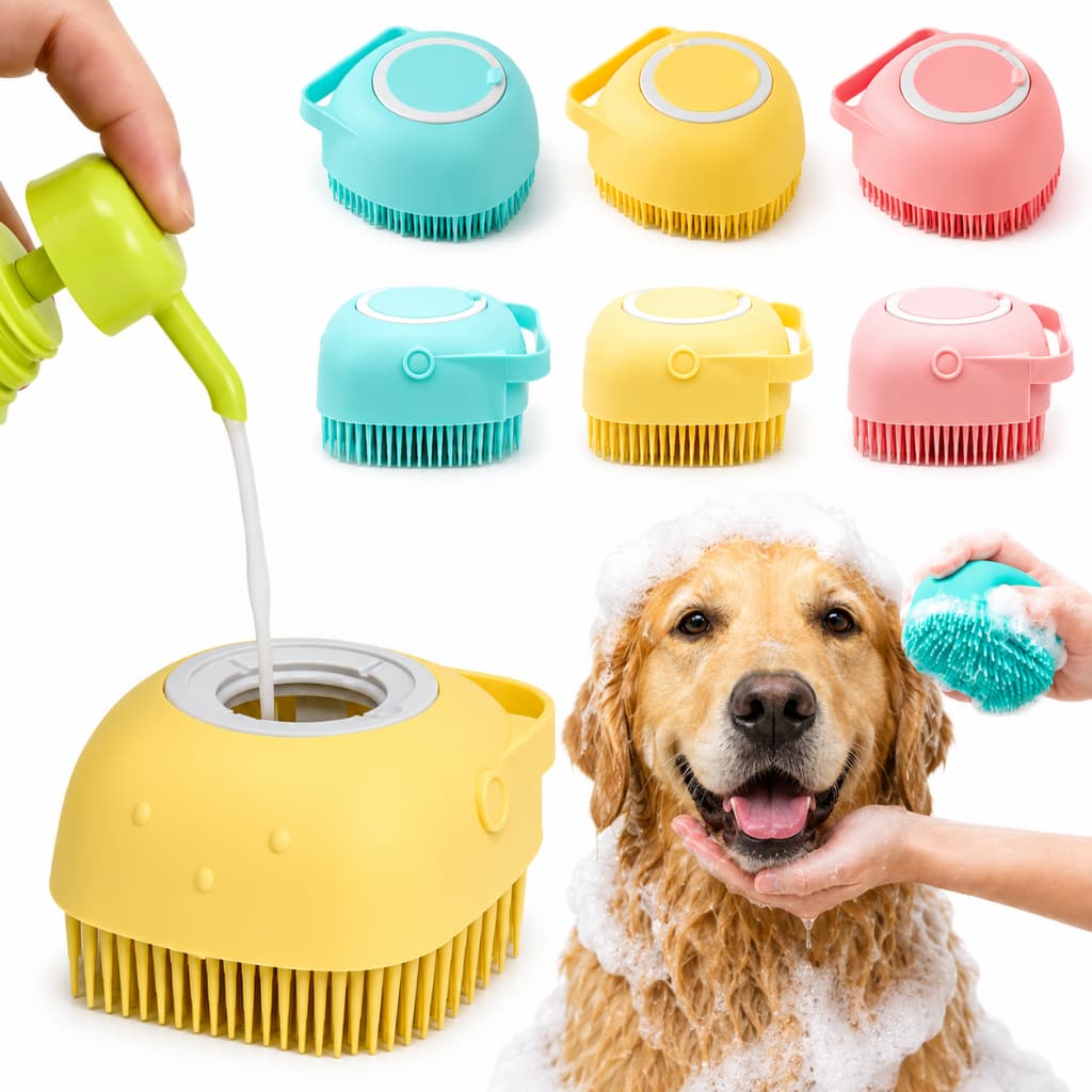 Esponja Para Banho de Silicone com Dispenser Massageador Escova Shampoo Sabonete Liquido Cachorro Gato Coelho Pet