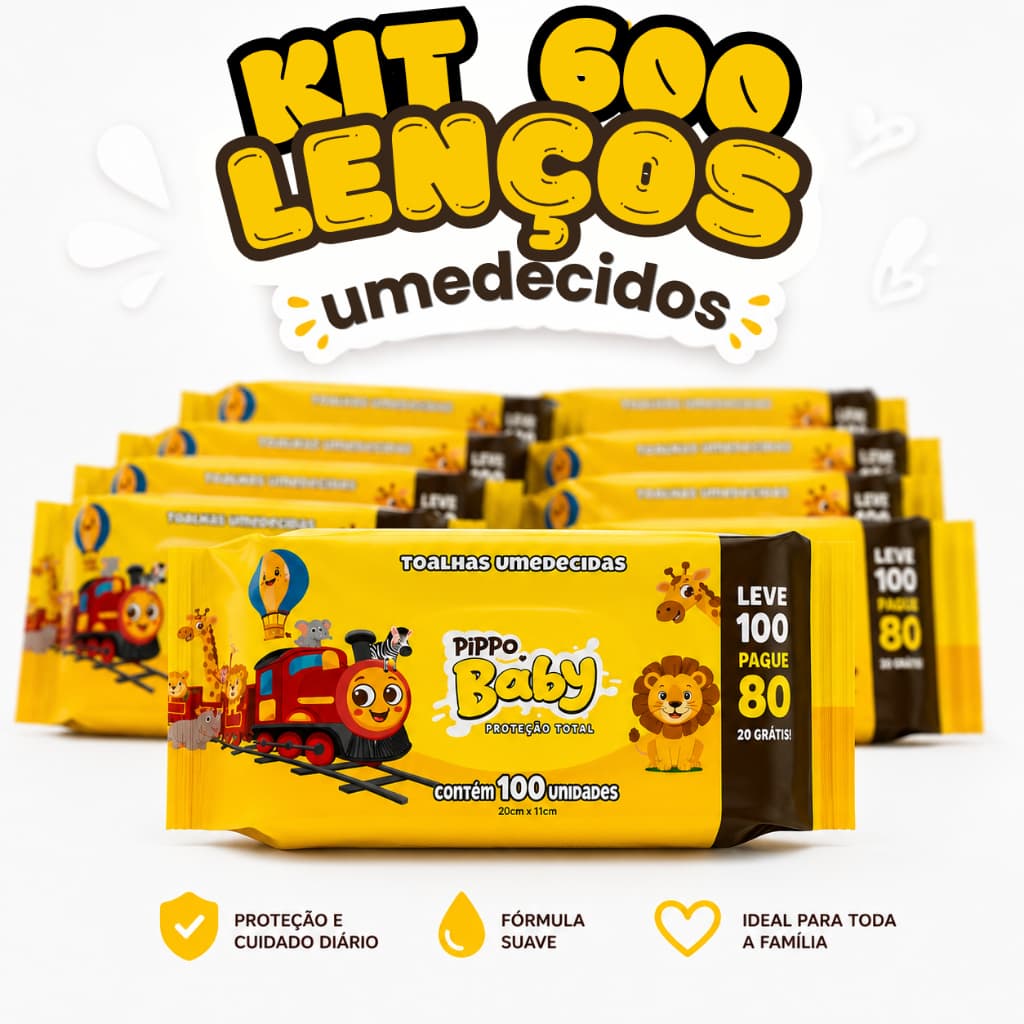 Kit 600 Toalhas Umedecidas Pippo Baby 6 Pacotes Lenço Infantil Hipoalergênico