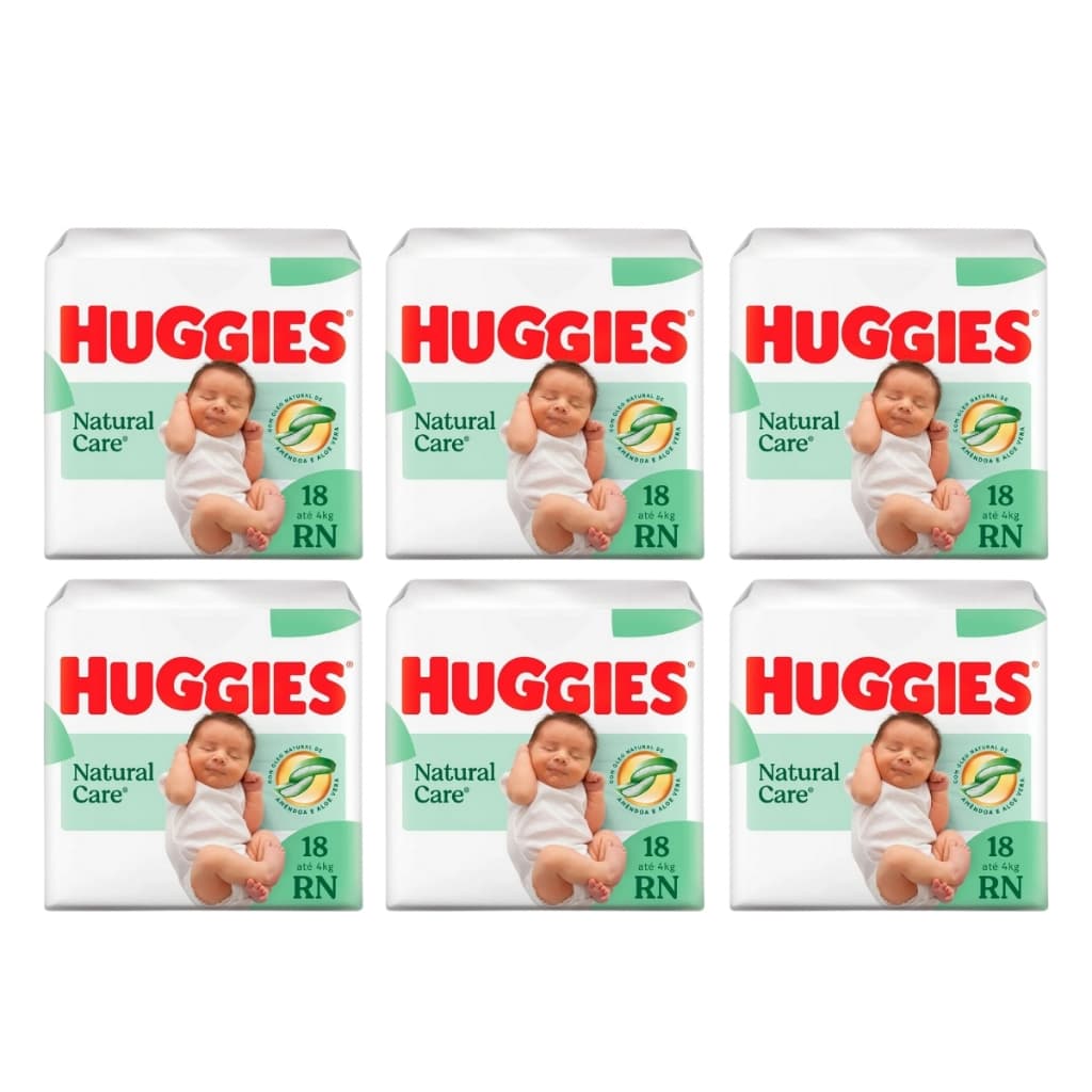 Fralda huggies natural care RN 18un recém nascido com 6 pacotes