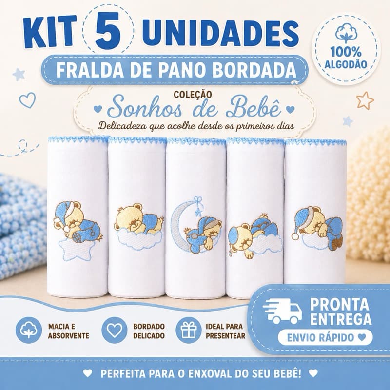 Fralda Pano Bordadas Luxo 70x70cm 100% Algodão Menino Ursinho Carrinho Nuvem Safari Ceu Enxoval Bebe