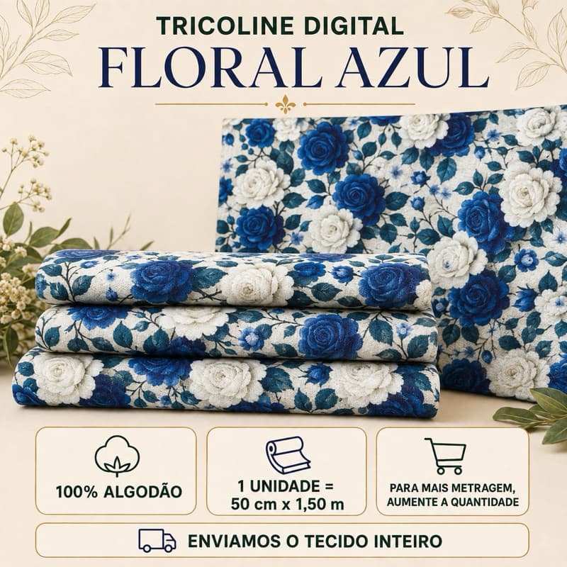 Tecido Tricoline Digital Floral Rosas 100% Algodão 50cm x 1,50m Patchwork Costura Criativa