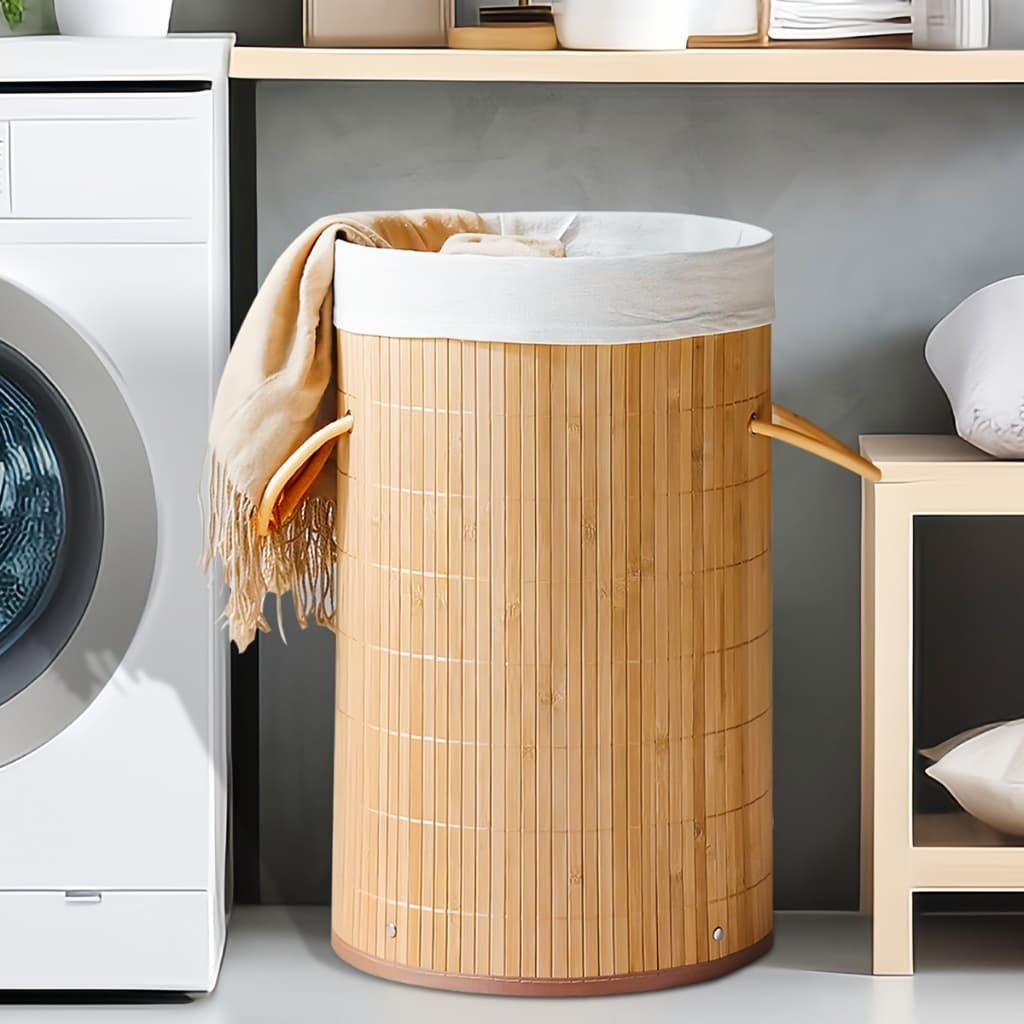 Cesto De Roupa Suja Bambu Redondo Dobrável Com Forro Removível Organizador Para Banheiro Quarto Lavanderia Cilíndrico