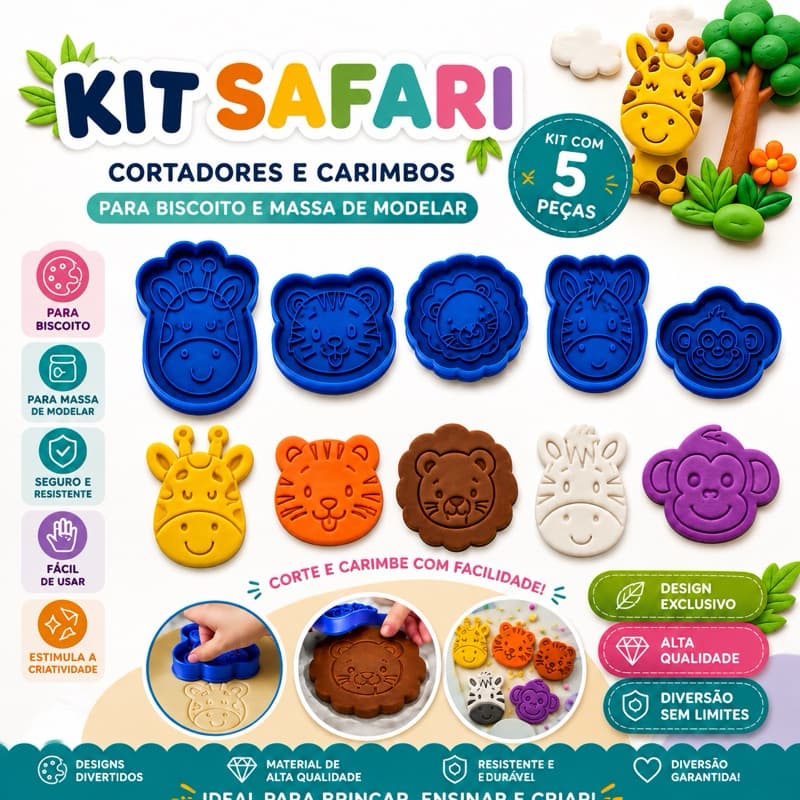 Kit 5 Cortadores de Biscoito Infantil Animais Fofinhos Cortador Bolacha Massinha modelar Pasta Americana
