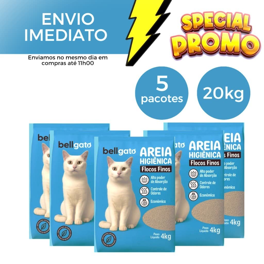 Areia Sanitária Higiênica Para Gatos Anti Odor Flocos Finos Extra Fina Total 20kg Promoção BellGato